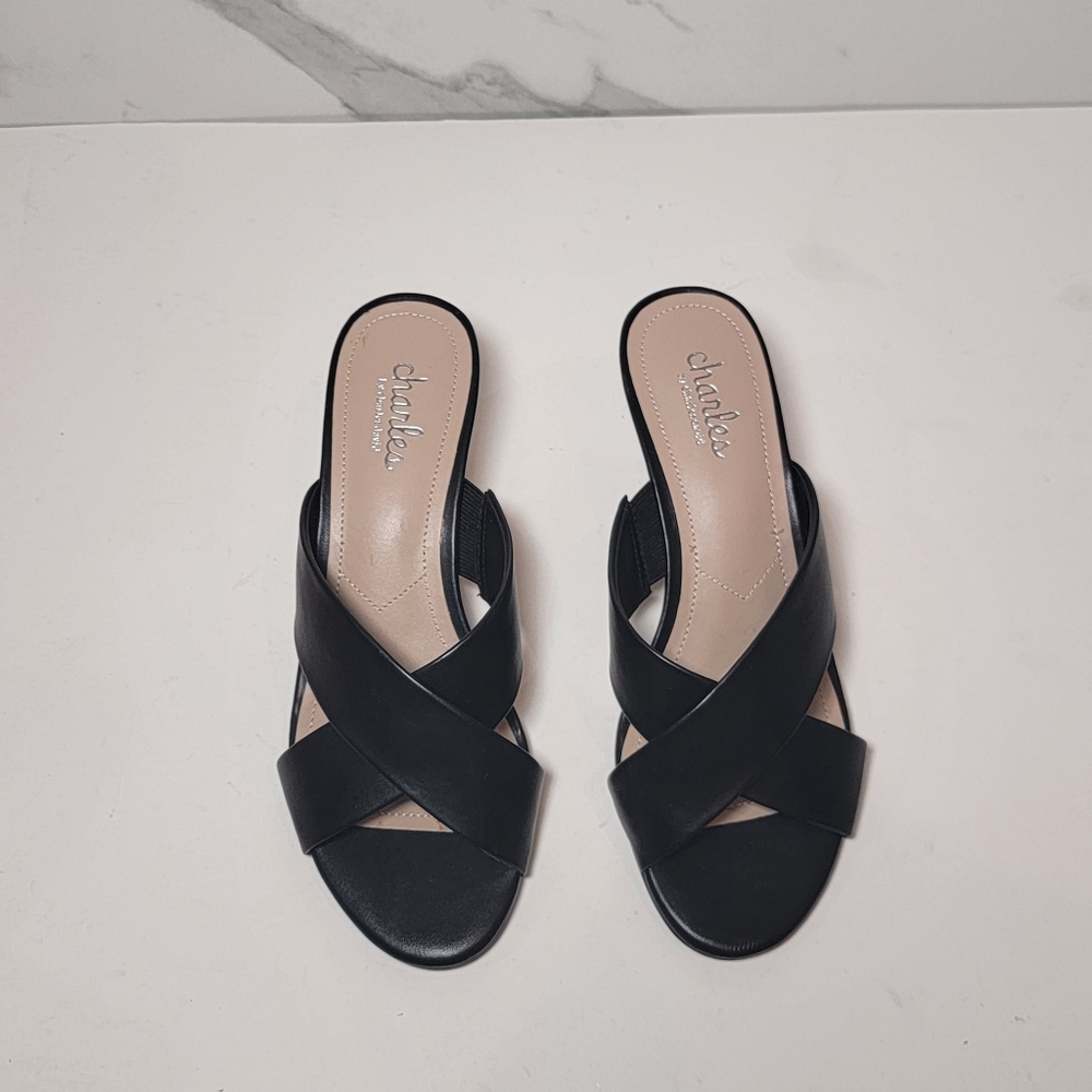 Charles David | Cork Wedge Black leather Cris Cross open toe Slip-on shoes 7.5 - Picture 3 of 12